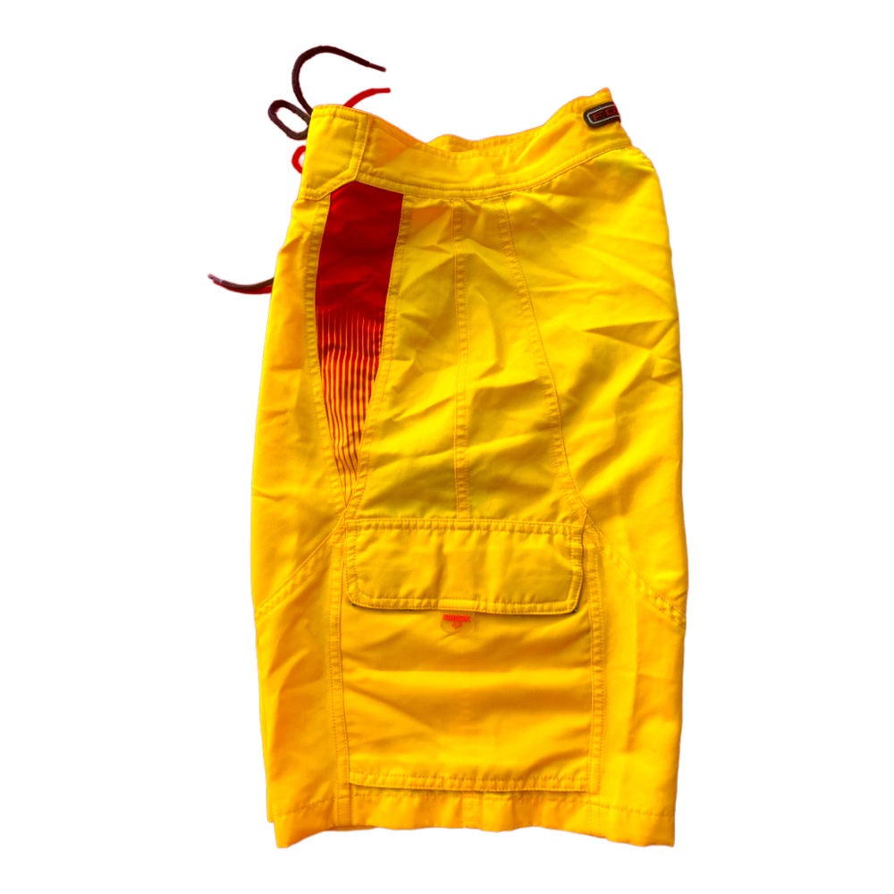FOX VINTAGE Bright Yellow Red & Black Swim Trunks - Size 26 - Picture 2 of 7
